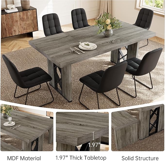 7-Piece Dining Table Set for 6 People, 70.8" MDF Kitchen Table with 6 Upholstered Chairs, Space-Saving for Dining Room, Breakfast Nook(Grey Table+6 U-Shaped Black Chairs)