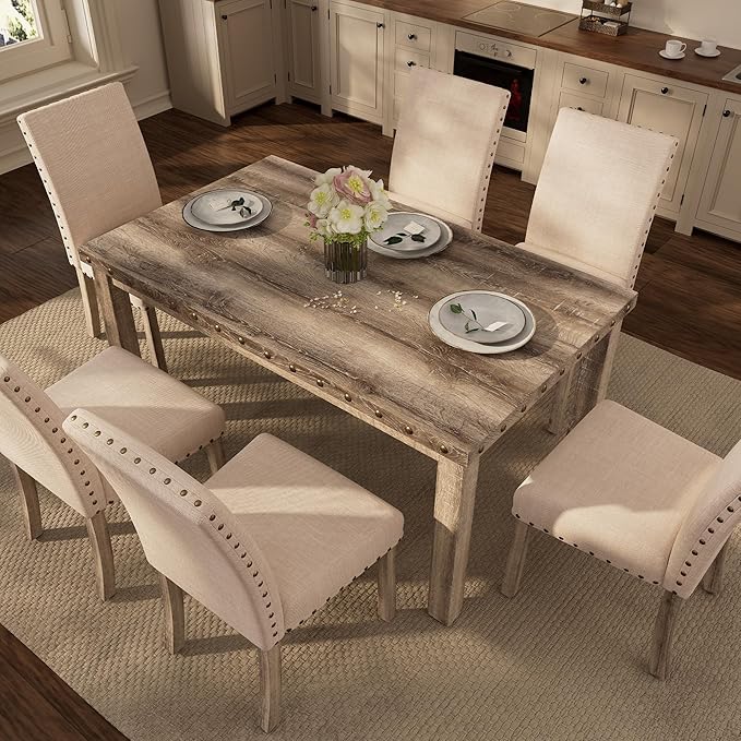 Morden Fort Rustic Dining Table Set for 6, Farmhouse Kitchen Dining Chairs for 6, Charming 60" Rectangular Wooden Table&6 Upholstered Chair with Nailhead Accents for Dining Hub,Breakfast Nook