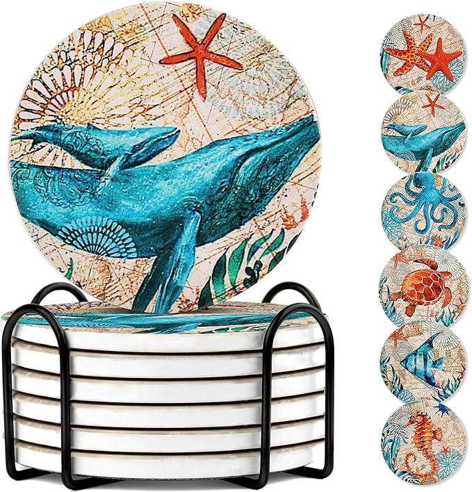 Round Absorbent Ceramic Stone Coasters, Sea Ocean Life Drinks Coasters Sets of 6, Coastal Decor Beach Theme Tropical for House Apartment Kitchen Bar Decor, Wooden Table, Coffee Table(4 Inches)