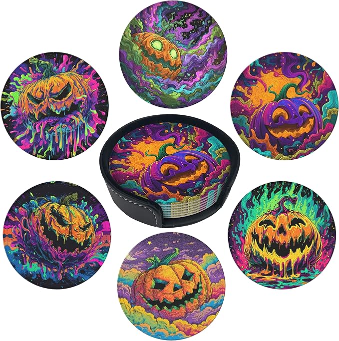 Pumpkin Coasters Leather Round Drink Coasters 6 Pcs Set with Holderor for Cup Drink Coffee Table Bar Home Decor