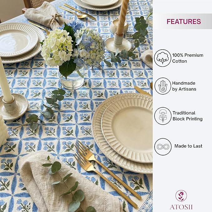 ATOSII Netta Blue 100% Cotton Square Summer Tablecloth, Handblock Floral Print Linen Table Cloth for Kitchen Dining I Parties, Weddings, Outdoors, 60 X 60 Inches I 4 Seater