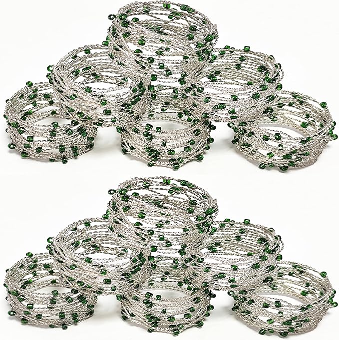 Silver Green Beaded Napkin Ring Set of 12 - Beautiful Fancy Elegant Decorative Napkin Holder for Dinner Table Decoration, Easter, Farmhouse, Wedding, Party, Family Gathering, New Year, Everyday Use