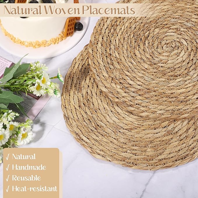 Aneco 36 Pack 12-Inch Round Woven Placemats Natural Hand-Woven Boho Rattan Wicker Bulrush Placemat Farmhouse Rustic Braided Table Mats for Dining & Kitchen Decor
