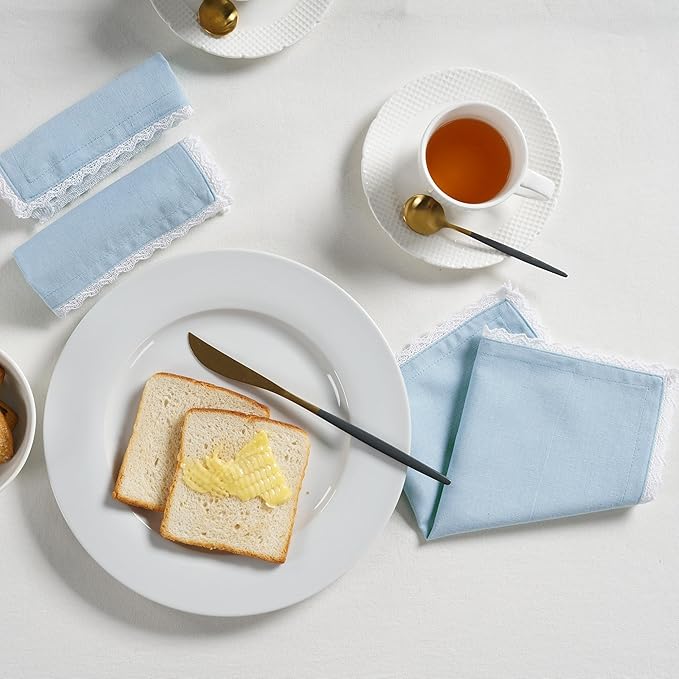 Fingercraft Dinner Cloth Napkin Cotton Linen Blend 12 Pack 12In Mitered Corners with Elegant Lace for Everyday Use Napkins Cloth are Pre Shrunk and Good Absorbency Sky Blue