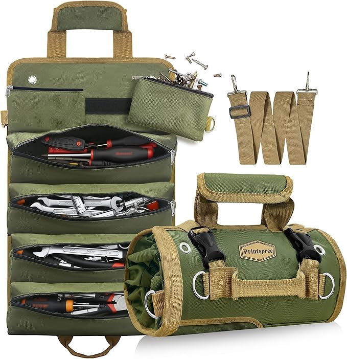 Heavy Duty Canvas Tool Roll Organizer - Multi-Purpose Wrench Pouch with 6 Zippered Pockets - Compact Car Trunk Storage for Mechanics, Electricians & Off-Road Emergency Kits (Green)