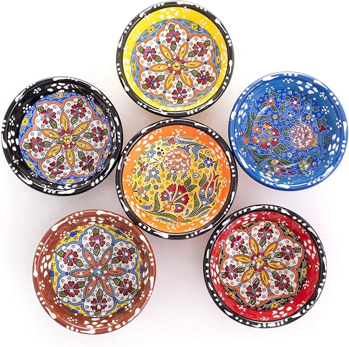 Turkish Ceramic Pinch Bowls Set of 6 – Small Dipping Bowls for Charcuterie Boards, Appetizers, Snacks & Sauces -Handcrafted Turkish Bowl for Serving, Decor & Gifts (3.2”)
