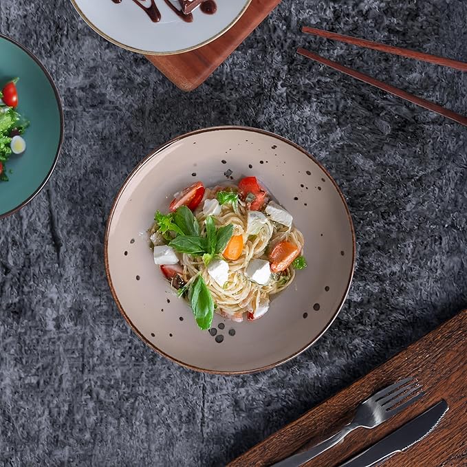 Esfour 8 Inch Porcelain Pasta Bowl, 23.6 Ounce Salad Bowls, Microwave & Dishwasher Safe, Sturdy & Stackable, Set of 6 Ceramic Bowl Plate Set, Wide Shallow Salad Bowls, Natural Assorted Colors