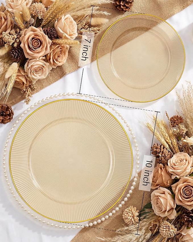 Hioasis 60pcs Brown and Gold Plastic Plates - Brown Disposable Dinnerware Set, 30pcs Dinner 10.25in & 30pcs Dessert 7.5in Plates with Striped Designs for Party & Wedding