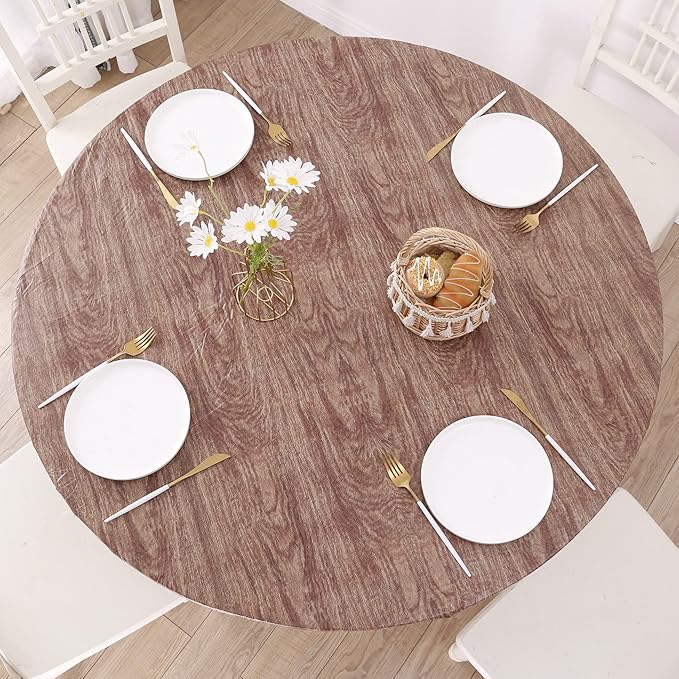 Walrus Round Vinyl Fitted Tablecloth with Flannel Backing Elastic Edge Design Table Cover Waterproof Oil-Proof PVC Table Cloth Stain-Resistant Best for 45"-56" Round