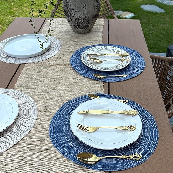 Blue Woven Placemats Set of 8,Washable Wipeable Woven TableMats Set of 8, Rattan Look Placemats,Blue ocen-Like placemats 15 Inch(Blue White)