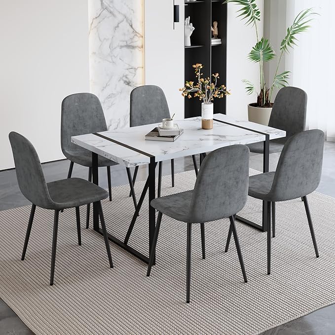 7 Piece Dining Table Set for 6,Modern Rectangle Dining Table and Fabric Dining Chairs 6,Kitchen Table and Chairs for 6,Ideal for Kitchen Dining Room