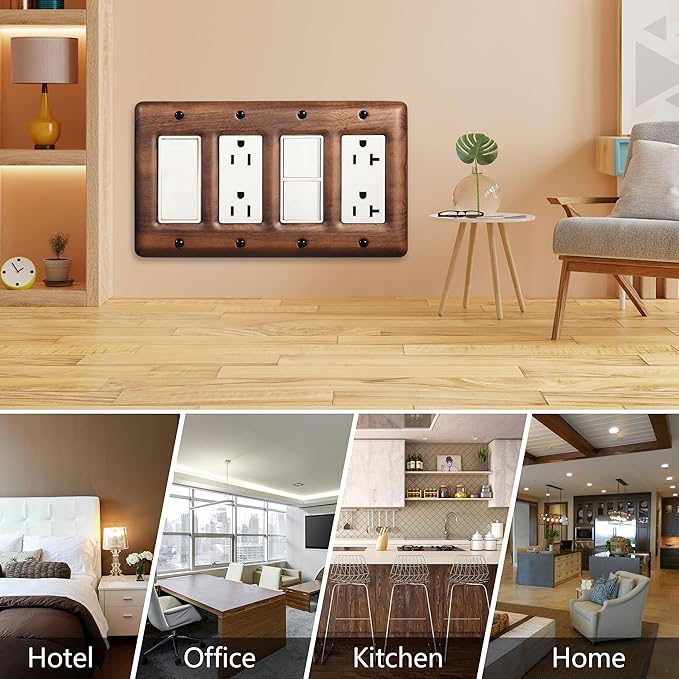 Four Light Switch Cover Plate Solid North American Walnut 4-Gang Decorative Wall Plate for Stylish and Modern Interiors