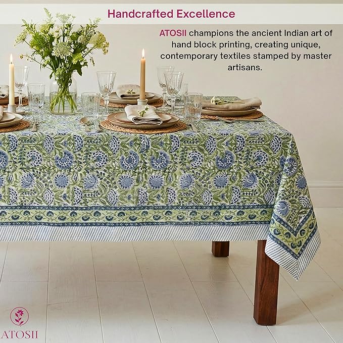 ATOSII Amara 100% Cotton Fall Tablecloth, Handblock Floral Print Rectangle Linen for Kitchen Dining I Parties Wedding Outdoors Picnics Easter I Spring Summer 72 X 108 Inches I 8 Seater Table