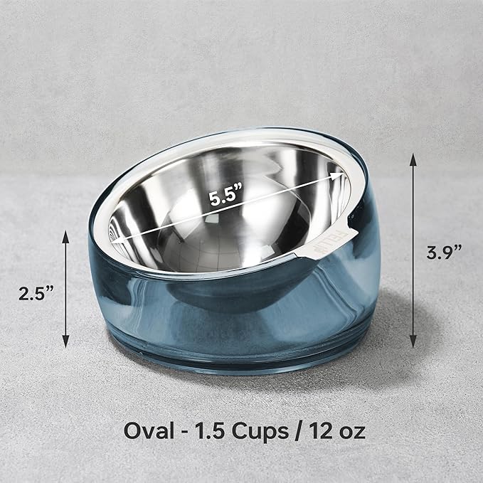 Felli Pet Oblik Acrylic Raised Dog Food Water Bowl Stainless Steel Slanted Oval Dish for Short Leg Puppy & Small Medium Pet, Elevated Tilted Metal Feeder (Shadow, 1.5 Cups Oval Dish)