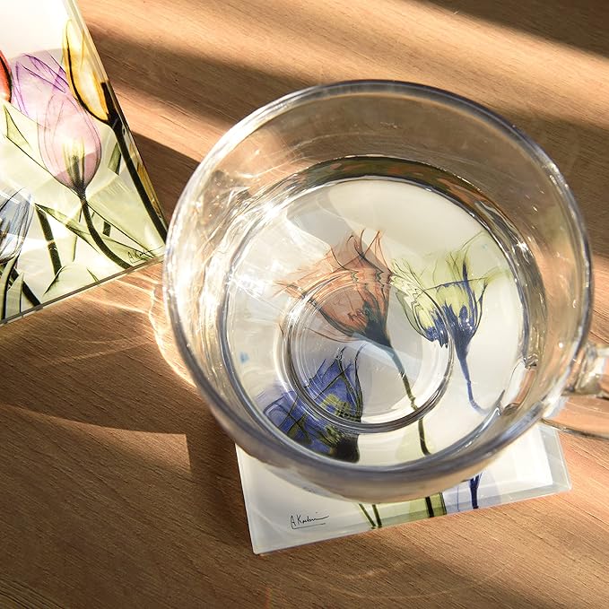 Empire Art Direct 12 PCS Coasters for Drinks, Cup Coaster for Tabletop Protection, Tea Set, Flower Coasters, Glass Floral Coaster Sets with Cork Bottom, Designed by Albert Koetsier, B2