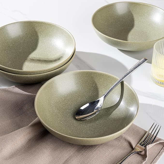 AmorArc 8.75‘’ Large Pasta Bowls, 42 ounce Deep Stoneware Bowls Set of 4 for Kitchen, Wide Bowl for Pasta/Salad/Fruit/Oatmeal/Soup, Microwave&Dishwasher Safe-Matte Olive Green