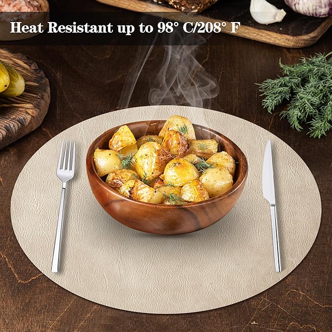 Round Placemats and Coasters Set of 8, Washable Reversible Faux Leather Placemats Cowhide Pattern Place Mats Wipeable Non-Slip 15 inch Round Kitchen Dining Table Mats (Gray Beige, 8)