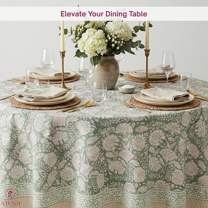 ATOSII Jade 100% Cotton Boho Round Tablecloth, Block Print Floral Table Cloth Linen for Dining, Parties, Weddings, Outdoors I Table Decor 72" Inches Diameter I