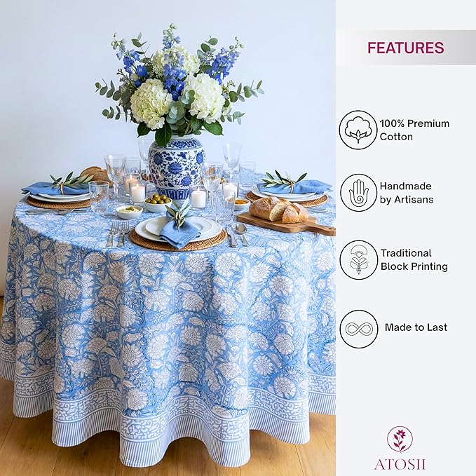 ATOSII Azora Blue 100% Cotton Round Spring Tablecloth, Handblock Print Floral Table Cloth for Kitchen Dining Linen I Parties, Weddings, Outdoors, Easter Holidays I 60" Inches Round