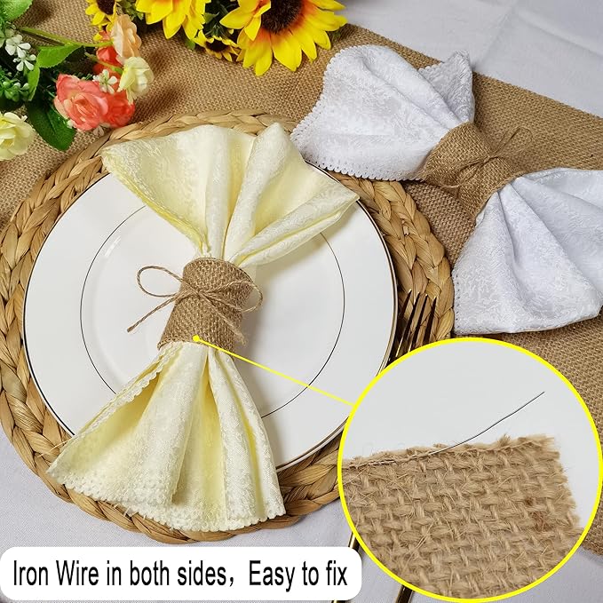 Natural Burlap Napkin Rings Set of 200 pcs with Jute Rope,Disposable Napkin Bands Bulk,Rustic Serviette Ring for Tables,Decorations,Wedding,Dinner,Country Party Decor