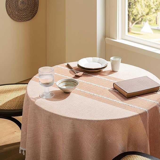 ZeeMart Contrast Linen Round Tablecloth 60 Inch Orange, Farmhouse Style Round Table Cloth Heavy Weight Burnt Orange Fall Tablecloths, Water Resistant Burlap Table Cloths
