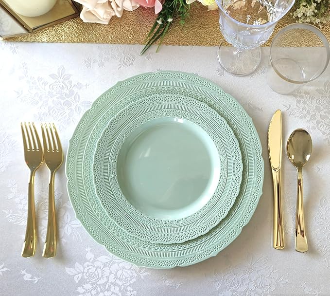 " OCCASIONS " 320pcs set (40 Guests) Extra Heavyweight Vintage Wedding Disposable/Reusable Plastic Plates -40x11'' + 40x8.25''+Silverware+Cups+Napkins (Chateau in Mint)