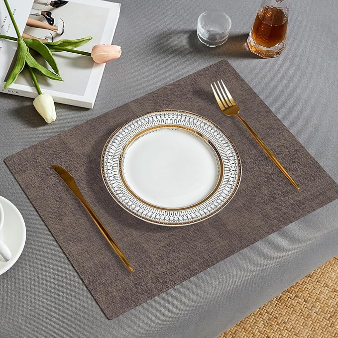 Faux Leather Placemats Set of 6, Heat Resistant Wipeable Washable Vinyl Place Mats, Waterproof Anti-Slip Dining Table Mats, Suitable for Indoor & Outdoor Use (Coffee)