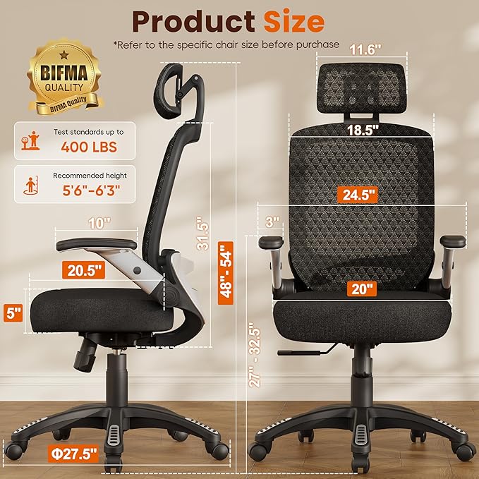 GABRYLLY Ergonomic Office Chair, High Back Home Desk Chair with Flip-Up Arms, 3D Headrest, Thick Sponge Sea &90-120° Recline, Big and Tall Mesh Executive Chairs for Man Woman, Midnight-Cloud