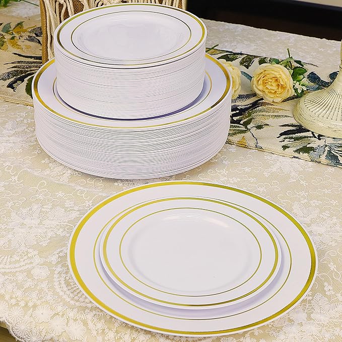 Zcaukya 100PCS Gold Plastic Plates, Disposable Plastic Dishes with Gold Rim in Bulk, 50 Pcs Each 10.25 Inch and 7.5 Inch for Dinner, Birthday and Wedding