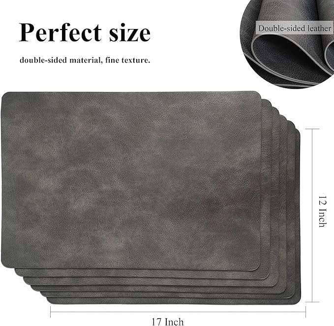 Cowhide Pattern PU Leather Placemats Set of 6 Heat Resistant Kitchen Table Mats, Non-Slip Dining Table Decorations, Double-Sides Waterproof Wipeable Place mats(Grey)