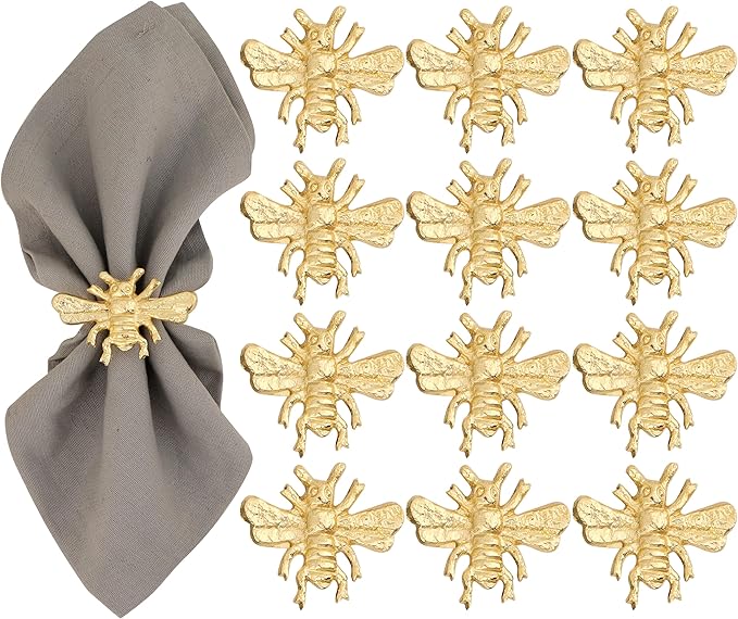 ALPHA Living HOME 12 Pcs Bee Napkin Rings - Decorative Metal Napkin Rings Table Decor Dining Table Cloth Napkin Holder for Christmas Wedding Holidays Dinners Party Supplies Everyday Use (Gold)