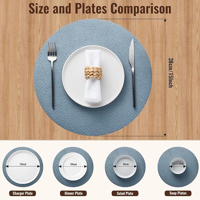 Jovono 15" Faux Leather Big Round Placemats Set of 6 - Washable Heat Resistant Non-Slip Dining Table Mats with Fabric Texture for Kitchen Home Party Decor, Light Blue