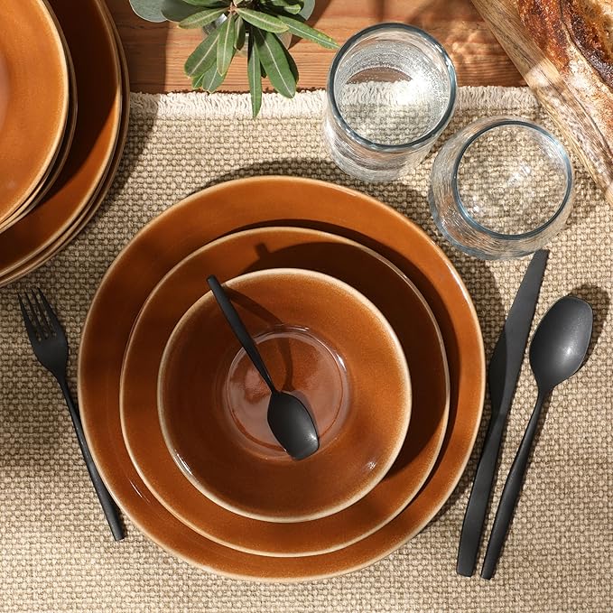 Bloomhouse - Two Time Oprah's Favorite Things Winner - Montecito Breeze 16 Piece (Service for 4) Double Plates and Bowls Stoneware Reactive Glaze Dinnerware Set - Terracotta Canyon
