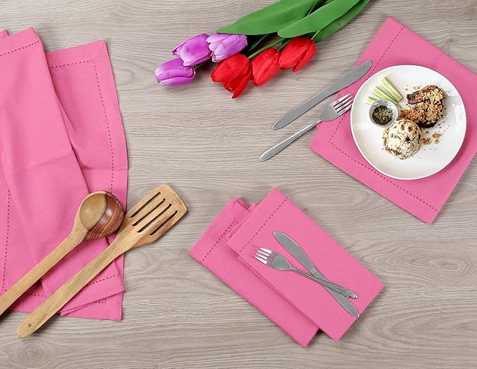 Lightnpro Cotton Dinner Napkins Set of 12, Hemstitched Dinner Cloth Napkins with Metred Corners, Washable and Reusable for Dining, Parties, Weddings, Holiday & Everyday Use - 18x18 Inch Baby Pink