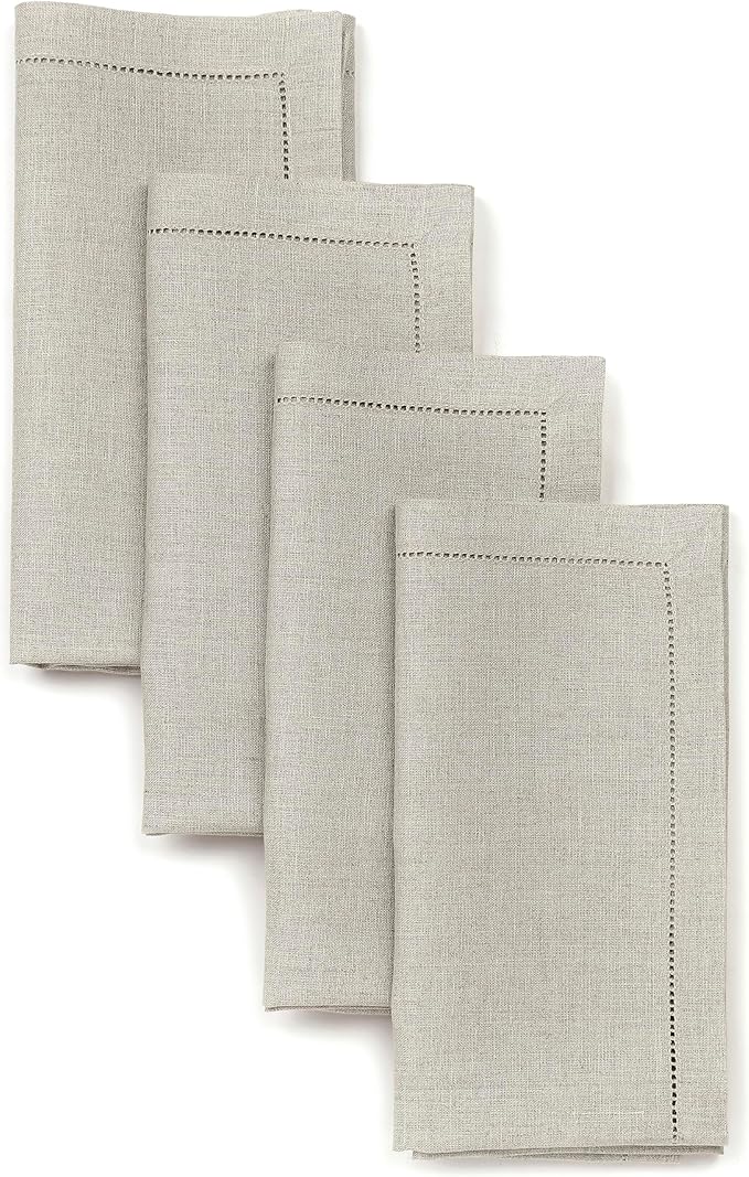D'Moksha Homes Natural Linen Napkins Set of 4 - Classic Hemstitch 100% Pure Linen Hemstitch Dinner Napkins 20 x 20 Inch for Fall, Autumn and Halloween - Handcrafted and Machine Washable