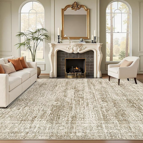 12x15 Washable Area Rug Brown Neutral Abstract Living Room Large Carpet Non Slip Bedroom Indoor Office Dining Room Low Pile Thin Rug