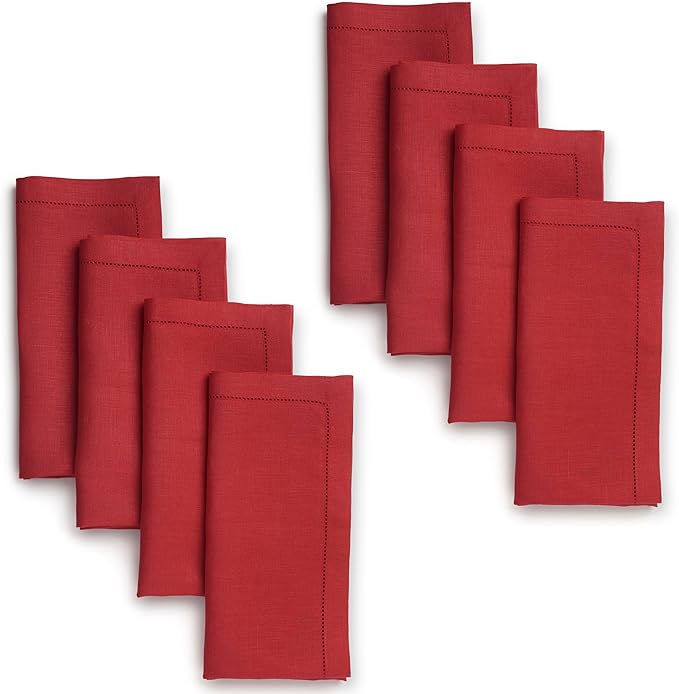 D'Moksha Homes Bright Red Linen Napkins Set of 8 - Classic Hemstitch 100% Pure Linen Hemstitch Dinner Napkins 20 x 20 Inch for Valentines, Spring, Easter - Handcrafted and Machine Washable