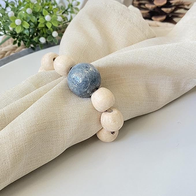 Napkin Rings Set of 6 - Wooden Beads Napkin Rings | Rustic Wooden Napkin Ring Holder for Table Decoration | Handmade LEBEJUA Napkin Ring with Wood Beads & Jute Twine Farmhouse Napkin Holder Boho Style