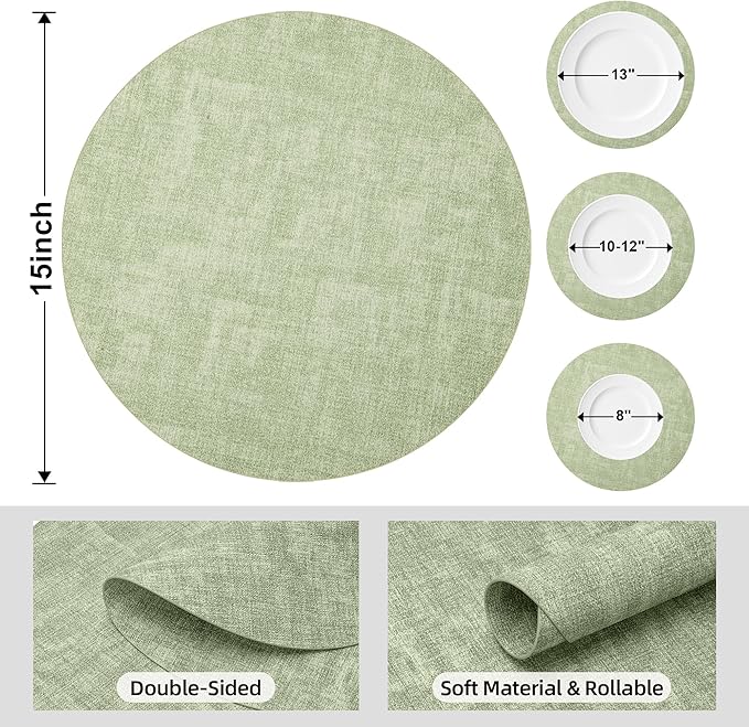 15 inch Faux Leather Round Placemats Set of 6 Non-Slip Washable Wipeable Table Mats, Heat Resistant Waterproof Oilproof Sage Green Place Mats for Kitchen, Dining, Party, Indoor, Outdoor