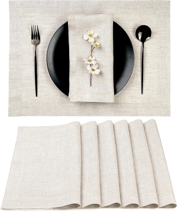D'Moksha Homes Linen Placemats 14 x 19 Inch - Light Natural Placemats Set of 6-100% Pure Linen Table Place Mats for Valentines, Spring, Easter - Handcrafted and Machine Washable