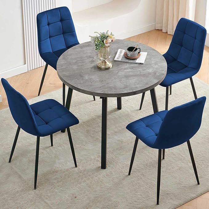 5-Piece Round Dining Table Set for 4, Grey Engineered Wood Coffee Breakfast Table with Hooks, 4 Soft Velvet Kitchen Dining Chairs, Metal Legs