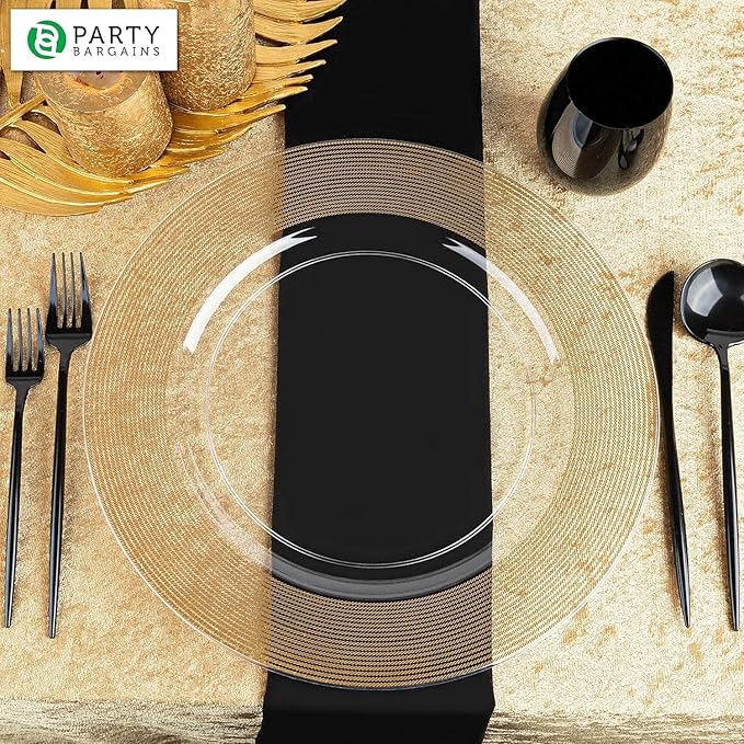 PARTY BARGAINS 13-Inch Charger Plates - 16 Pack, Clear Gold Rope Textured Rim, Heavy-Duty Disposable Chargers for Elegant Dining - Ideal for Weddings and Formal Events