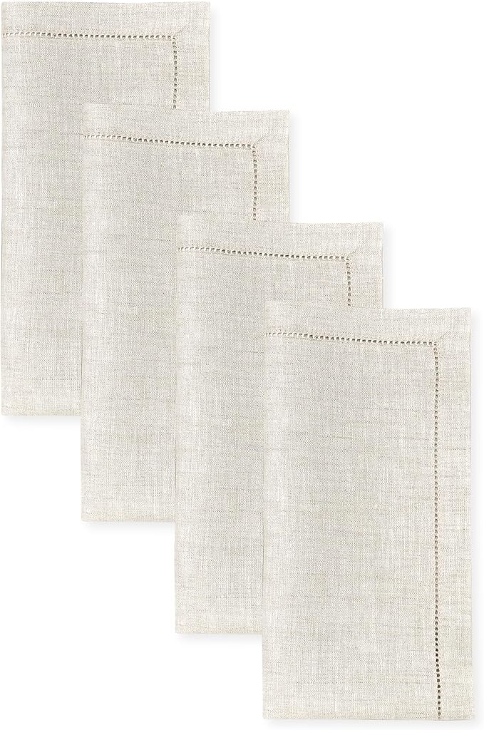 D'Moksha Homes Light Natural Linen Napkins Set of 4 - Classic Hemstitch 100% Pure Linen Hemstitch Dinner Napkins 20 x 20 Inch for Valentines, Spring, Easter - Handcrafted and Machine Washable