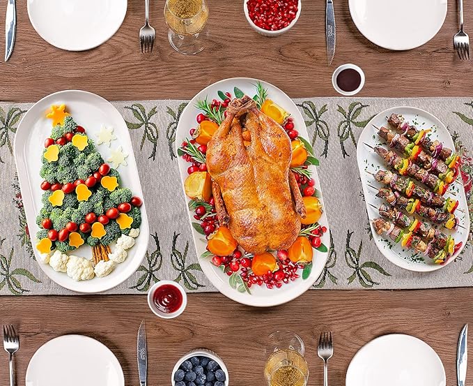Large Serving Platter - 16"/14"/12" Oval Serving Tray, Ceramic Turkey Platters for Entertaining, Christmas Party, Set of 3, White