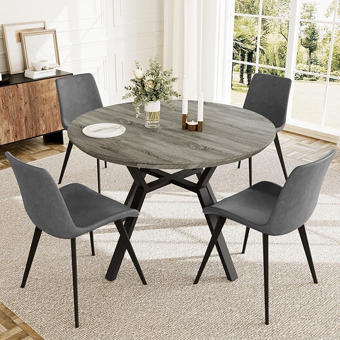Extendable Round Dining Table Set for 4-6 People, 43.3"-59.1" Extendable Kitchen Table with 4 Upholstered Chairs, Space Saving for Kitchen Dining Room (Grey Table+4 Grey Chairs)