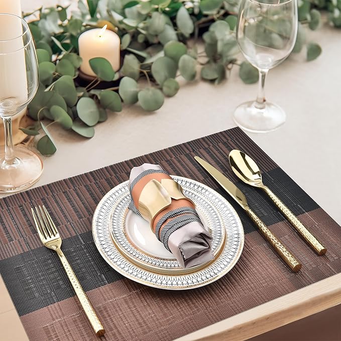 SLKQG Brown Placemats Set of 4 - Easy Clean Modern Durable Washable Vinyl Place Mats - Heat Resistant Placemats for Kitchen Table - PVC Table Mats for Dining Table (Brown Black, 4)