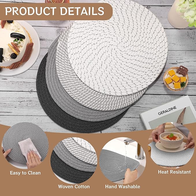 Kochorie Set of 4 Round Woven Cotton Placemats, 13 Inch Boho Table Mats for Kitchen and Dining Table, Farmhouse Heat Resistant Washable Trivets, Fall Thanksgiving Christmas Décor (Mixed Gray)