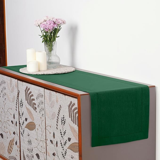 D'Moksha Homes Linen Forest Green Table Runner 108 Inches Long - 100% Pure Linen 14 x 108 Inch Table Runner for St Patricks Day, Easter - Classic Hemstitch