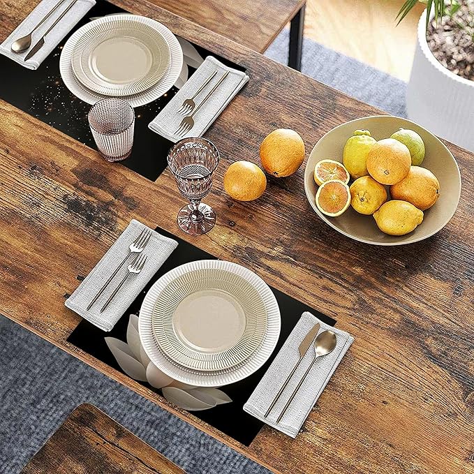 Placemats Set of 6 Lotus Flower Place Mats Washable Kitchen Dining Linen Table Mats Stain Heat, for Home Party Indoor 12x18 in
