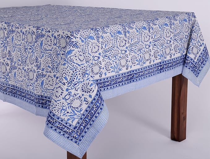 ATOSII Indigo Bloom 100% Cotton Rectangle Fall Tablecloth, Handblock Floral Linen Table Cloth for Dining Table I Parties Christmas Thanksgiving Grand Millennial Home Decor 72 X 108 Inches I 8 Seater